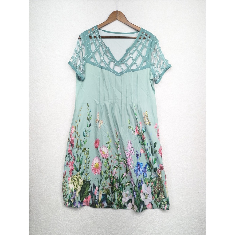 Women's‎ Short Sleeve Blue Floral Print Lace V Neck Casual Mini Dress L